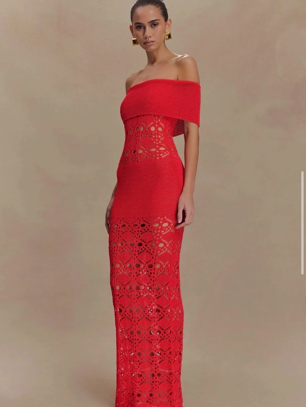 Meshki Off-Shoulder Red Crochet Maxi Dress - Picture 4 of 5